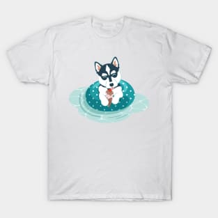 Summer pool pawty // aqua background husky dog on swimming pool float eating icecream T-Shirt